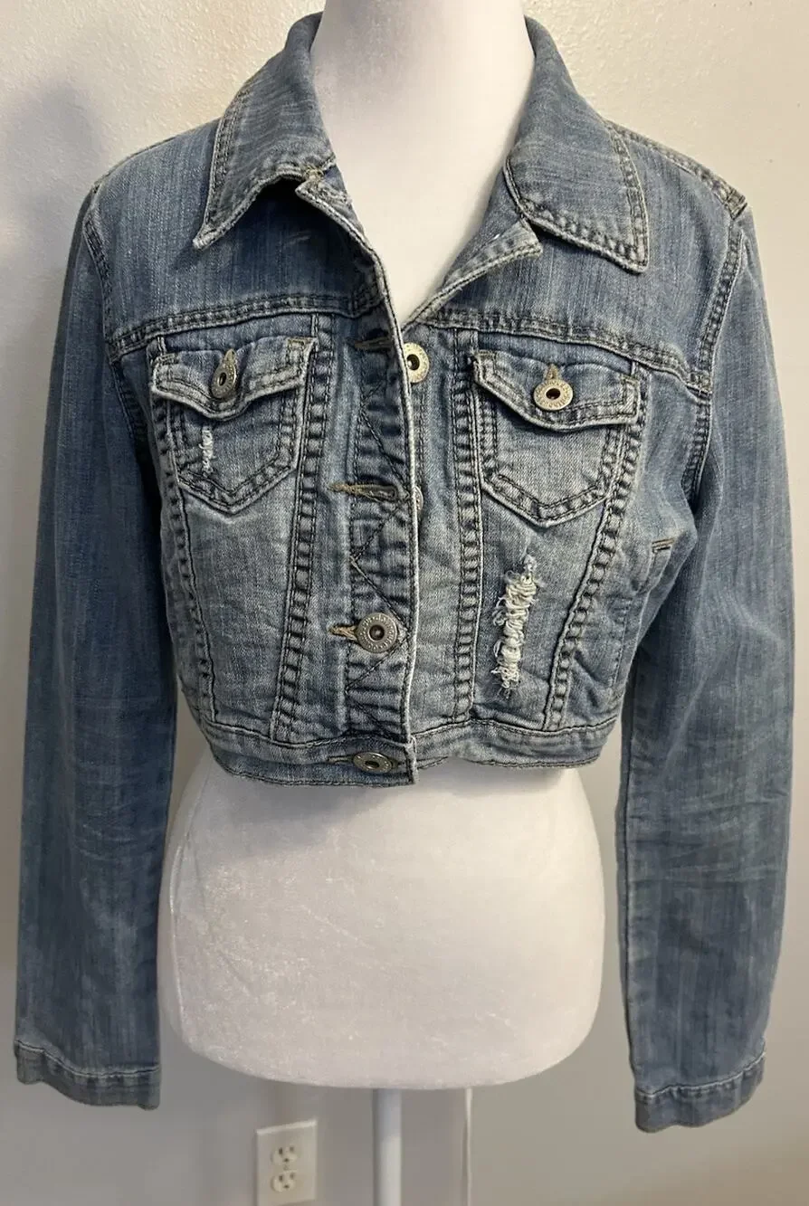 VTG 90s Denim Jacket Women’s M Cropped Western Dollhouse Sexy Cowgirl Hipster